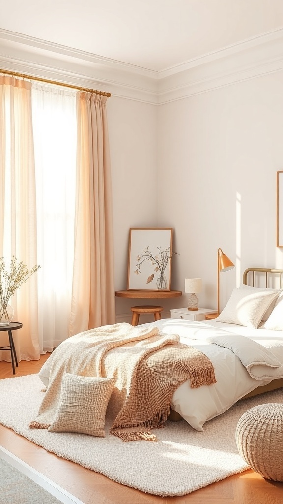 A pastel-themed bedroom with soft peach curtains allowing natural light to fill the room.
