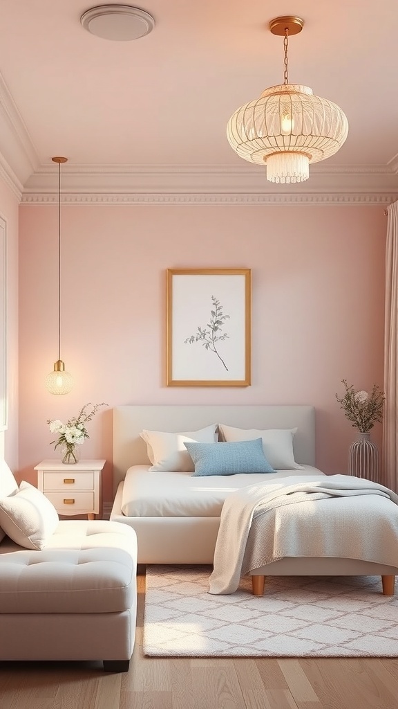 A pastel bedroom featuring soft pink walls, elegant lighting fixtures, and cozy decor.
