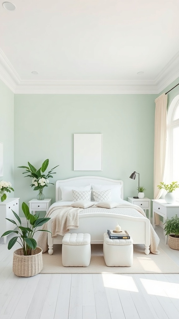 A romantic bedroom featuring pastel mint walls and white furniture, with plants and soft bedding.