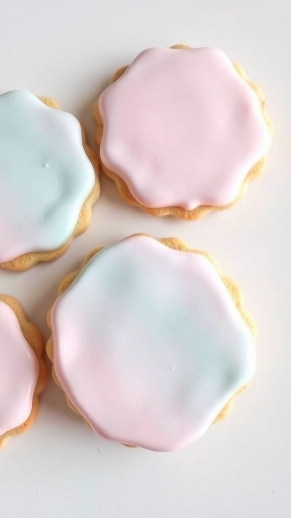 Pastel ombre cookies decorated with blue and pink icing.