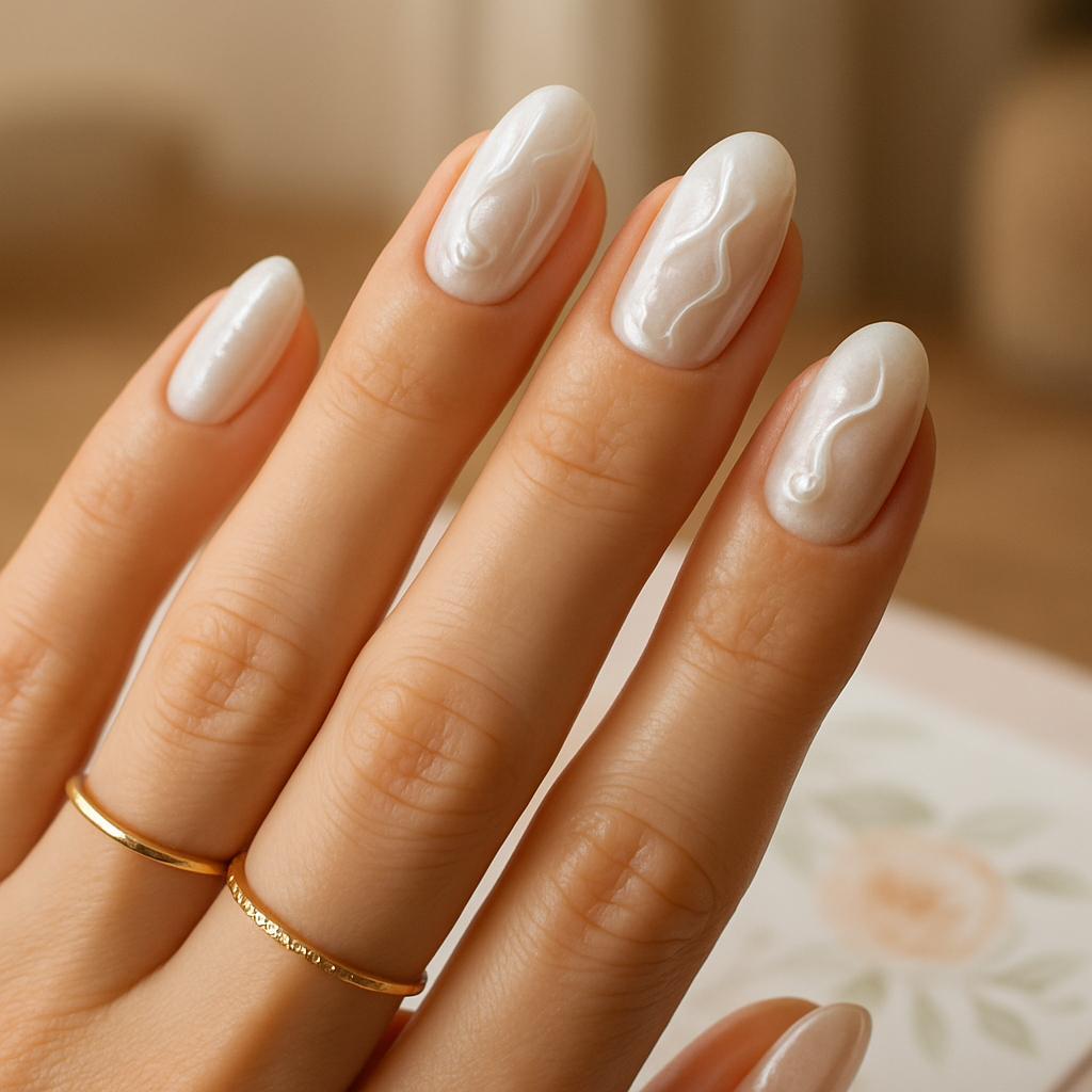 Close-up of a hand with pastel pearl nails featuring swirl designs, adorned with gold rings.