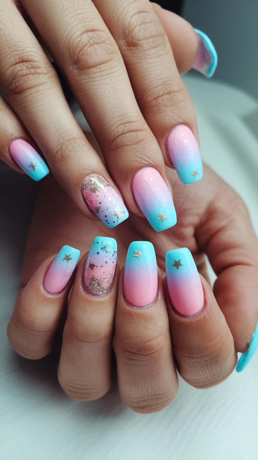 Pastel pink and blue ombré nails with glitter and star accents