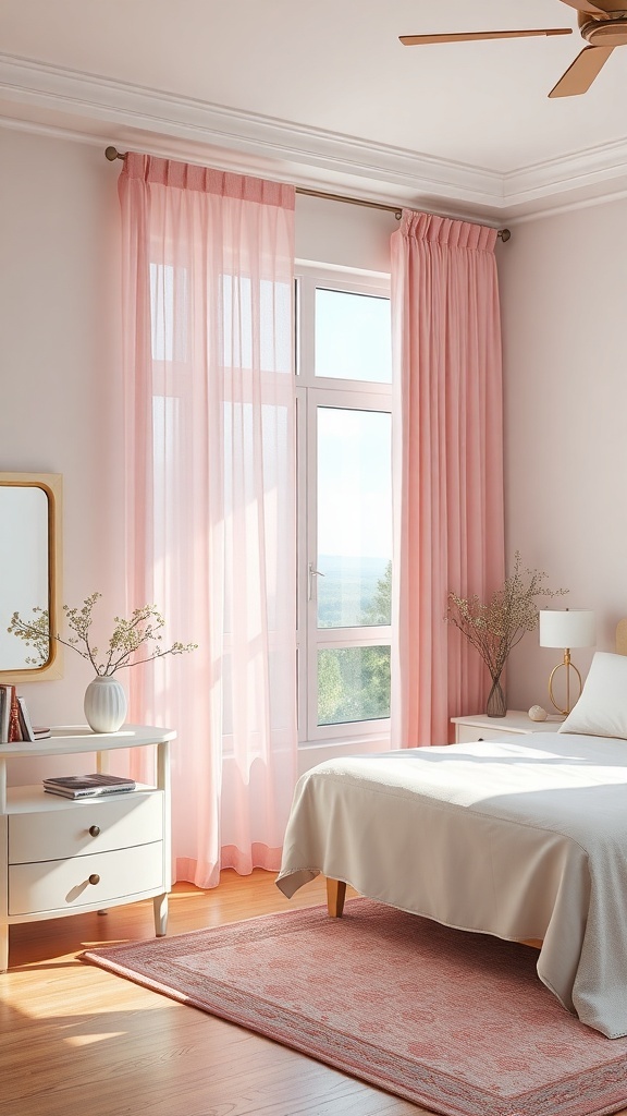 A bright bedroom featuring pastel pink curtains, a white bed, and a wooden floor.