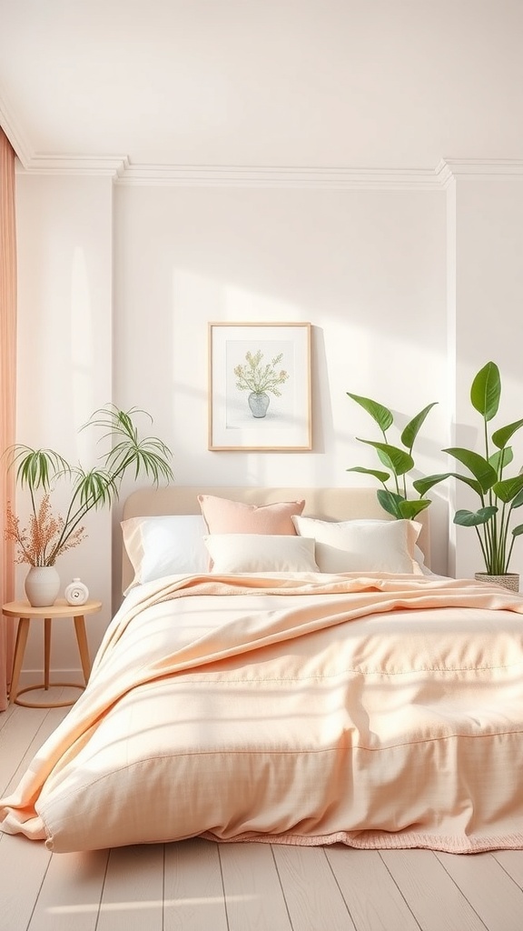 A pastel bedroom featuring soft peach bedding, a framed flower illustration, and green plants.