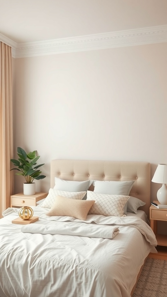 A cozy bedroom with pastel shades, featuring a soft bed, pillows, and a plant.