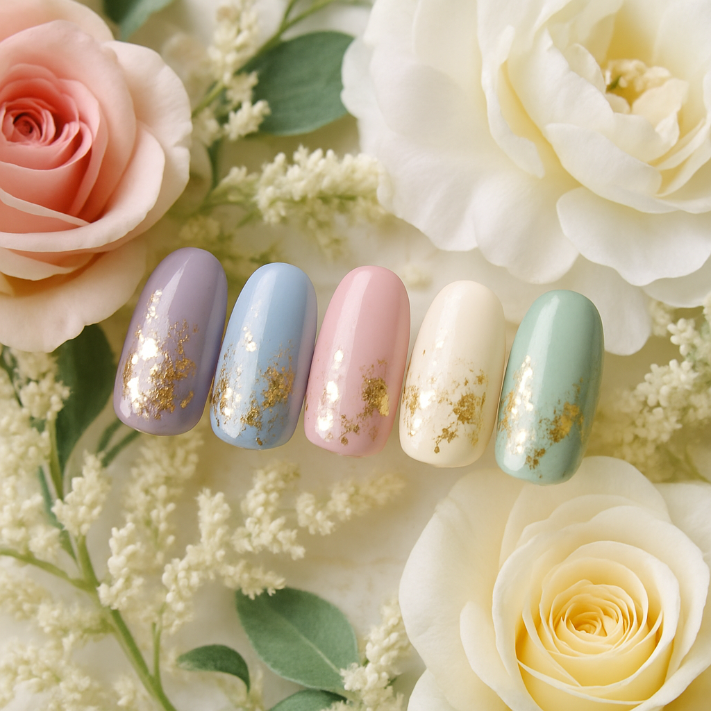 Nail designs featuring pastel shades with metallic foil, surrounded by flowers.