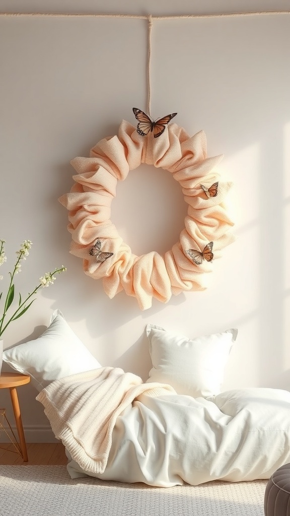 A pastel peach rag wreath decorated with butterflies, hanging on a wall near a cozy seating area.