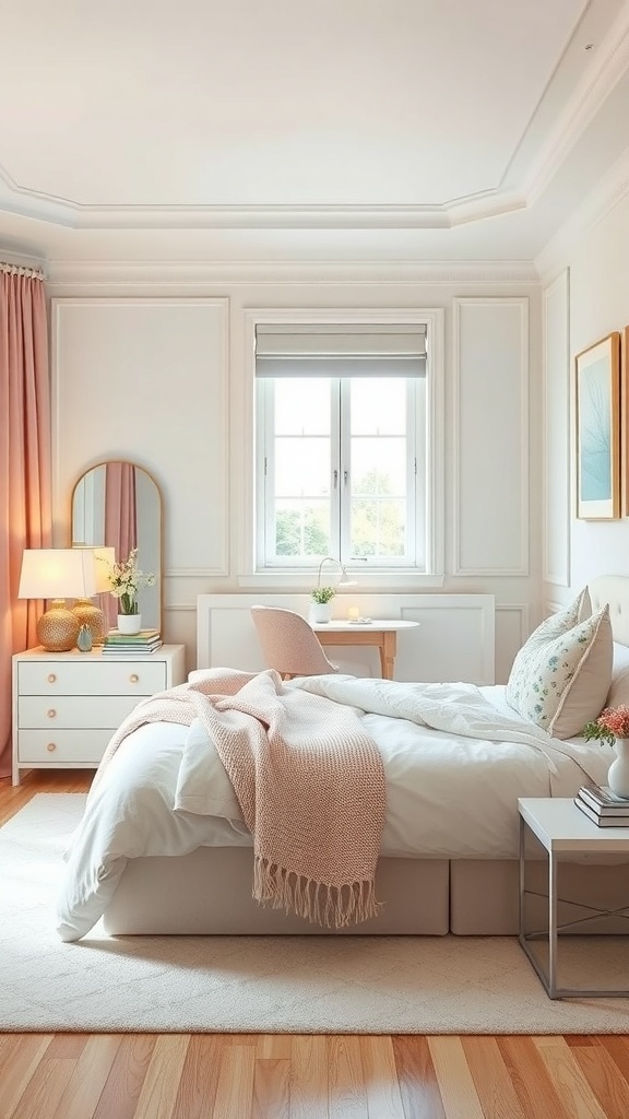 A pastel-themed bedroom featuring a cozy bed, light-colored dresser, and organized bedside table.