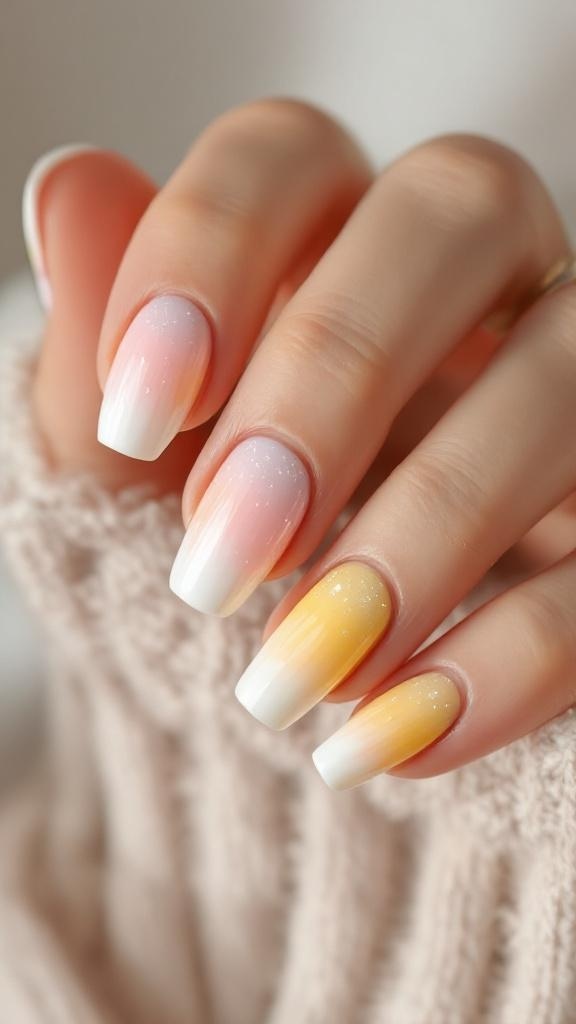 Pastel summer ombre nails with pink and yellow gradient