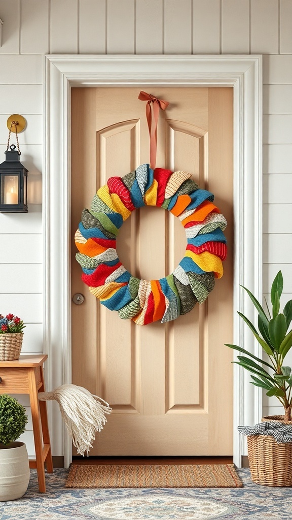 A colorful patchwork fabric wreath hanging on a front door.