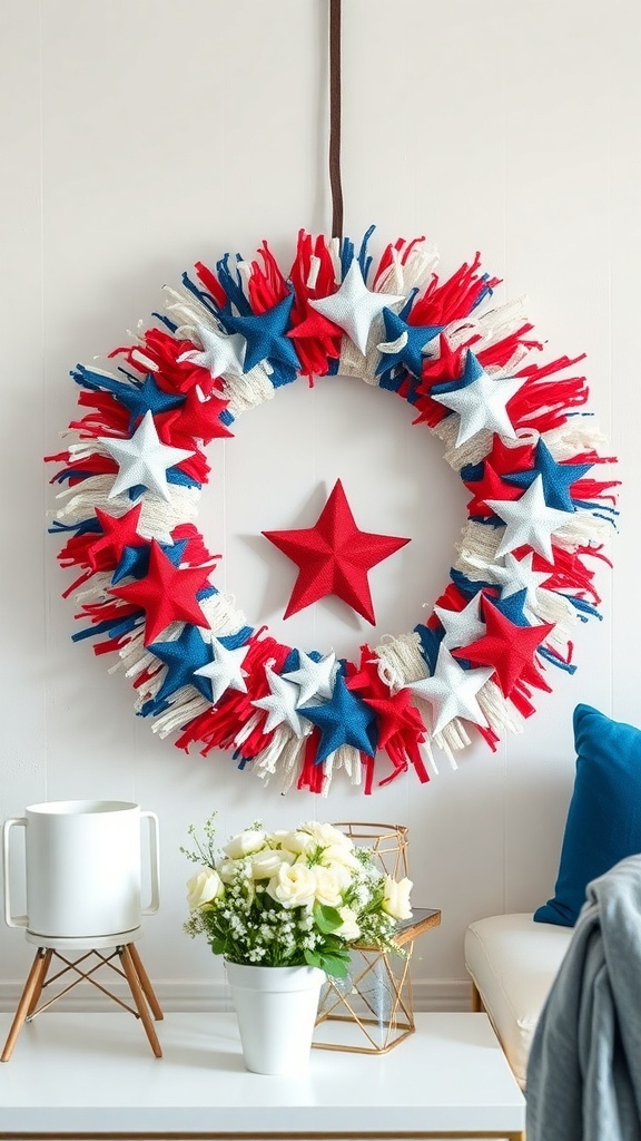 A colorful patriotic rag wreath made with red, white, and blue fabric strips and felt stars, hanging on a wall.