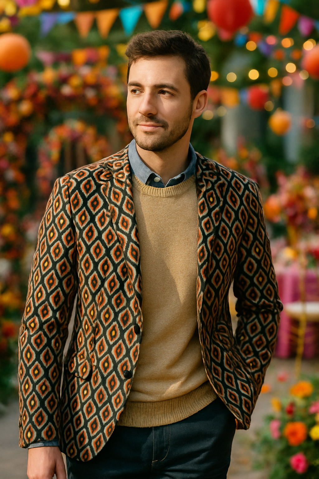 A man in a patterned blazer with a geometric design, wearing a sweater underneath, standing in a festive outdoor setting.