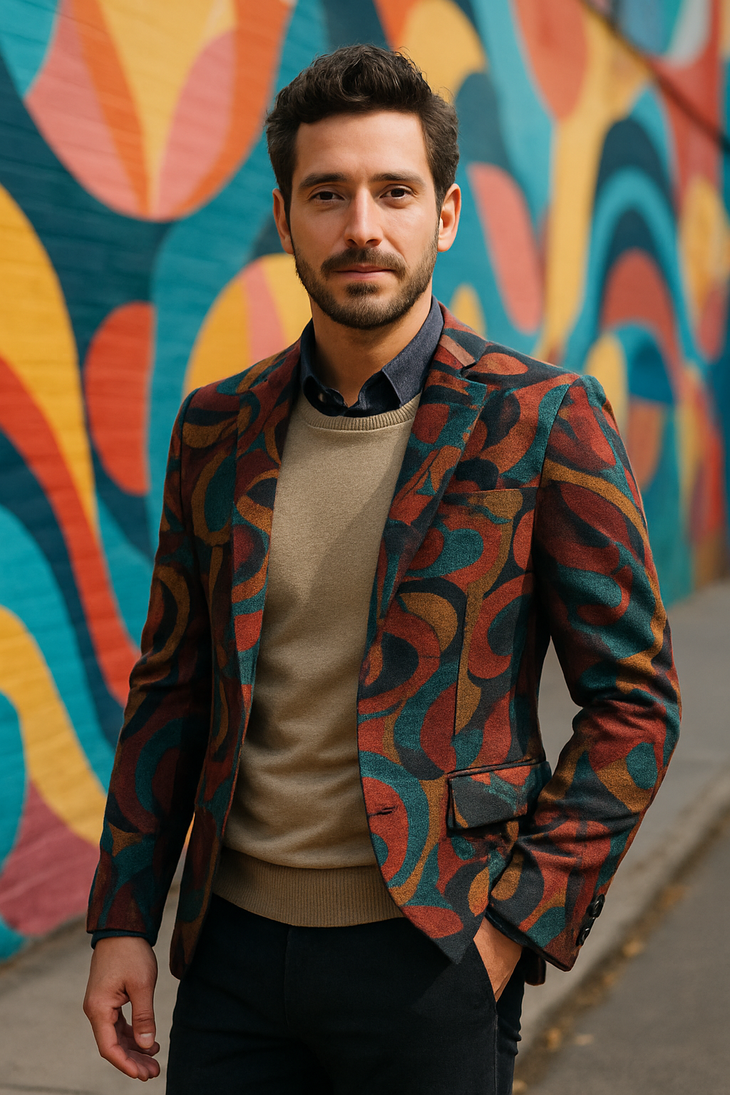 A man in a patterned blazer stands in front of a colorful mural.