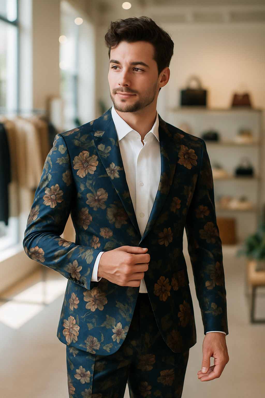 A man wearing a floral patterned prom suit in a stylish setting.