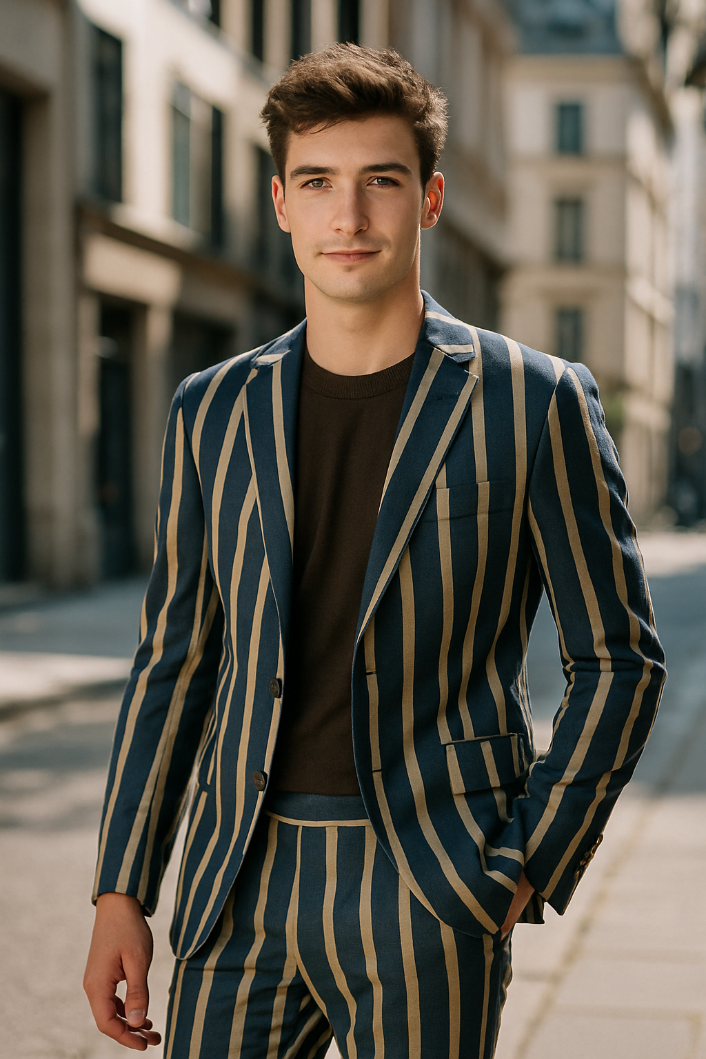 A young man wearing a stylish navy and tan striped suit, standing confidently in an urban setting.