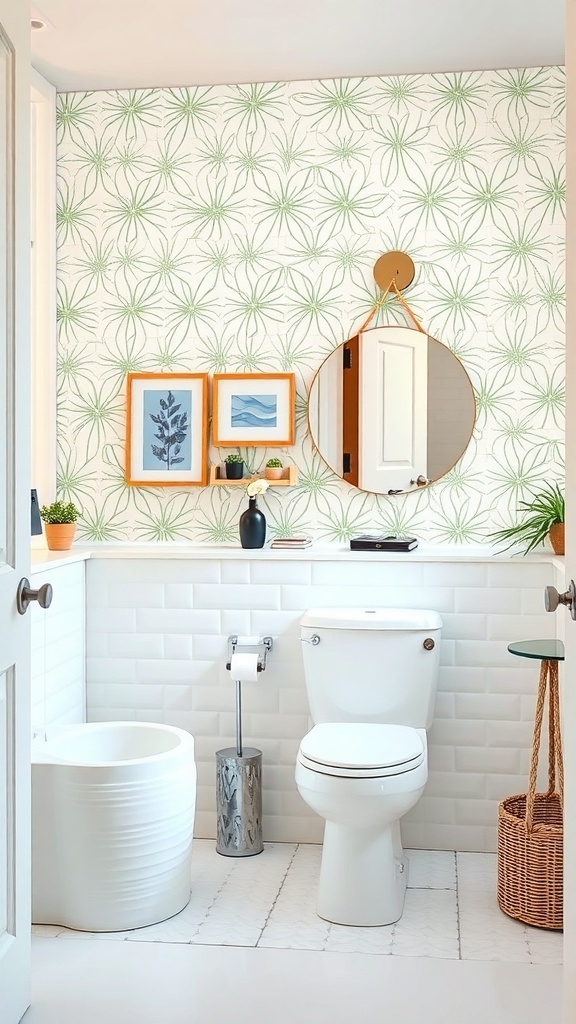 A stylish bathroom featuring patterned vinyl decals on the wall, with a round mirror and framed artwork.