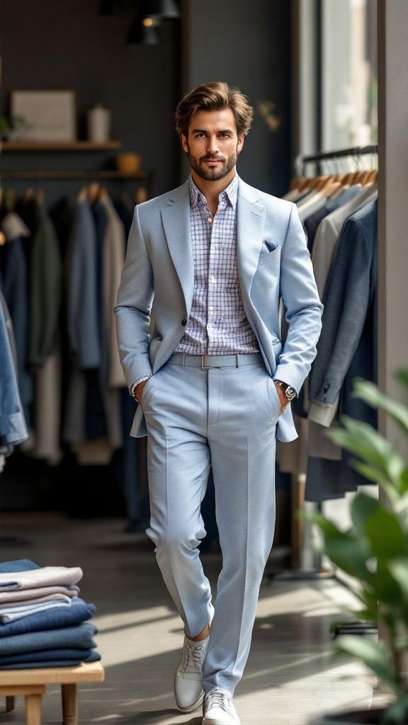 A man in a light blue suit with a checkered shirt, walking in a stylish clothing store.
