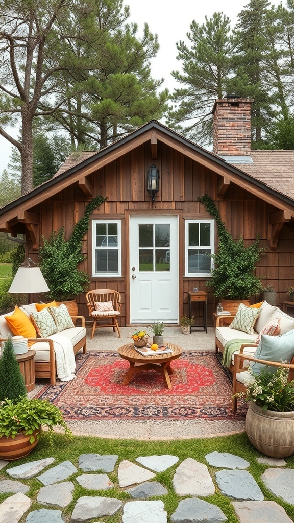 A rustic cottage with a cozy porch, comfortable seating, and a stone patio surrounded by trees.
