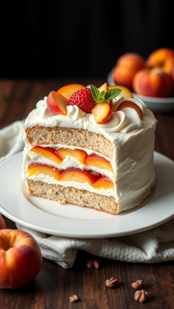 A beautifully decorated peach and cream cake with fresh peach slices on top and layers of peach filling.