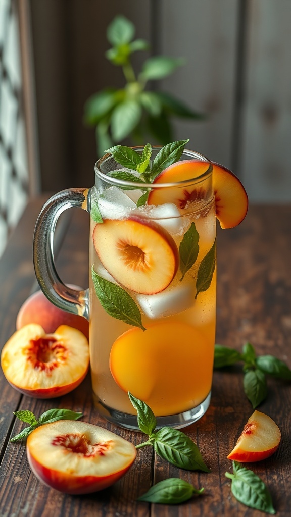 A refreshing pitcher of Peach Basil Iced Tea garnished with peach slices and basil leaves.