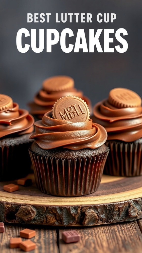 Peanut butter cup cupcakes with chocolate frosting and mini peanut butter cups on top.