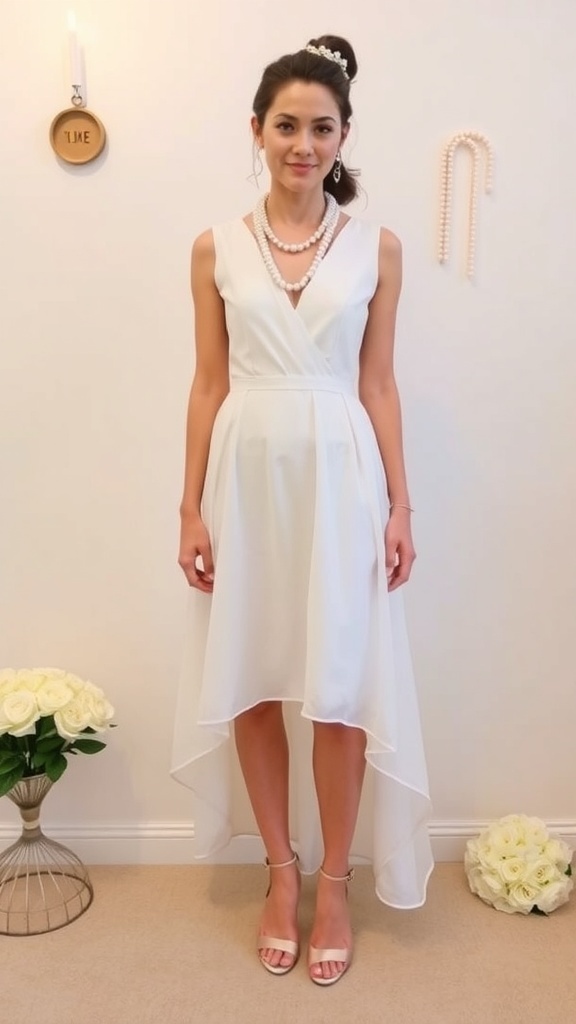 A woman in a white high-low dress with pearl accessories, standing before a floral arrangement.