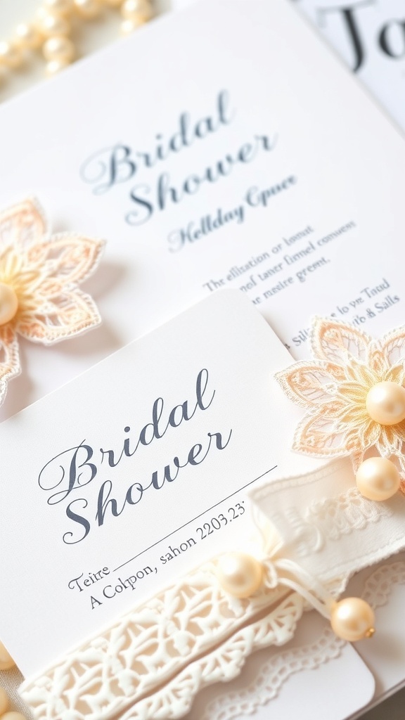 Elegant bridal shower invitations with pearl and lace decoration