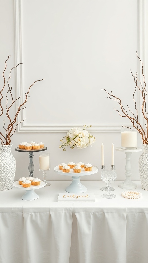 An elegant pearl-inspired dessert table featuring cupcakes, flowers, and candles.