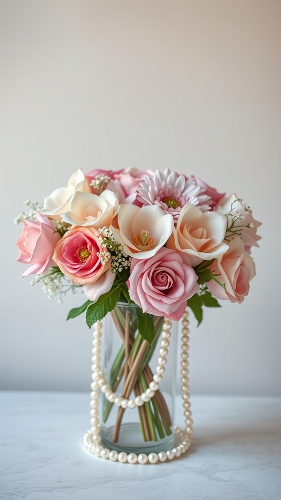 Elegant floral arrangement featuring pink roses and pearls