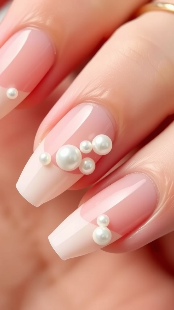 Close-up of pearl-inspired nail art with pink and white colors.
