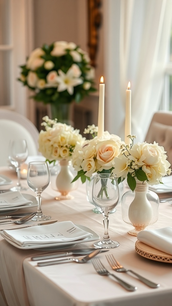Elegant table setting for a bridal shower with flowers, candles, and fine dining.