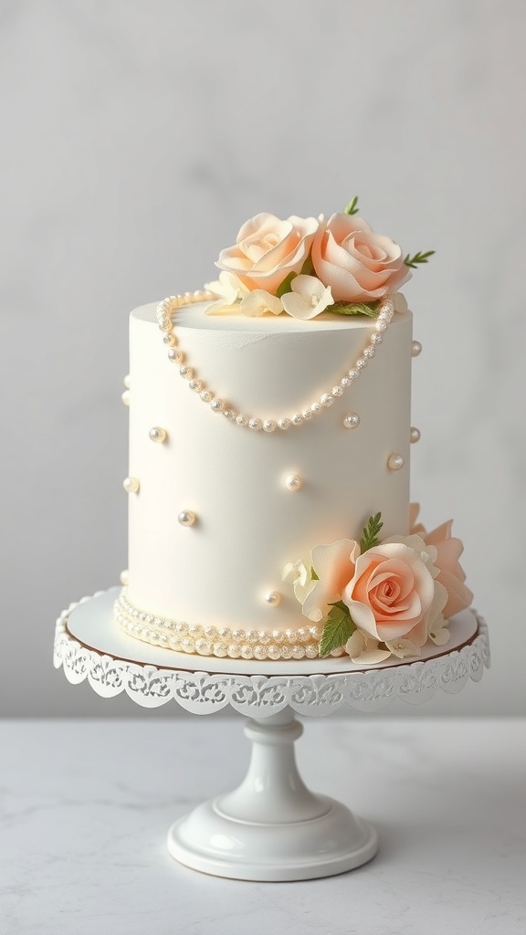 A pearl-themed wedding cake decorated with soft pink roses and pearl accents.