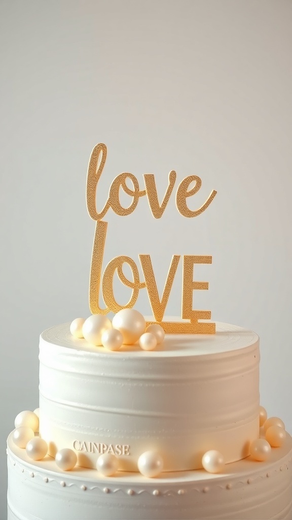 A cake with a gold 'love' topper and pearl decorations on top.