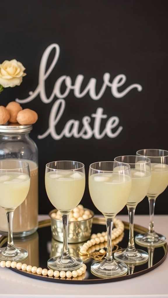 Elegant drink station for a pearl-themed bridal shower featuring drinks in glassware on a mirrored tray with pearl decorations.