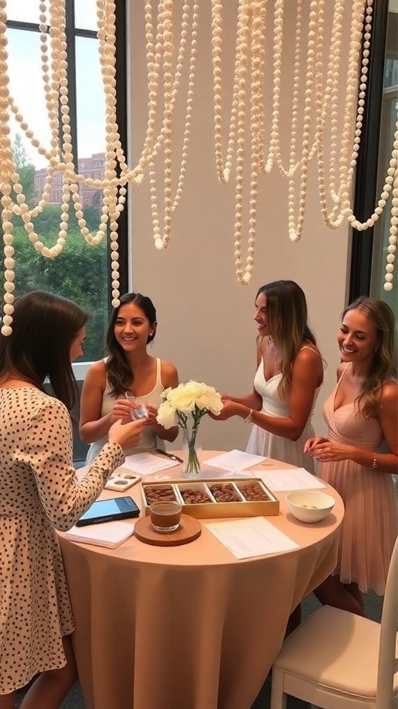 Bridal shower scene with women enjoying activities and pearl decorations.