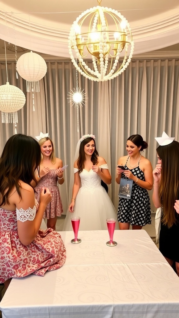 A group of friends celebrating a bridal shower with a pearl theme, featuring playful decorations and drinks.