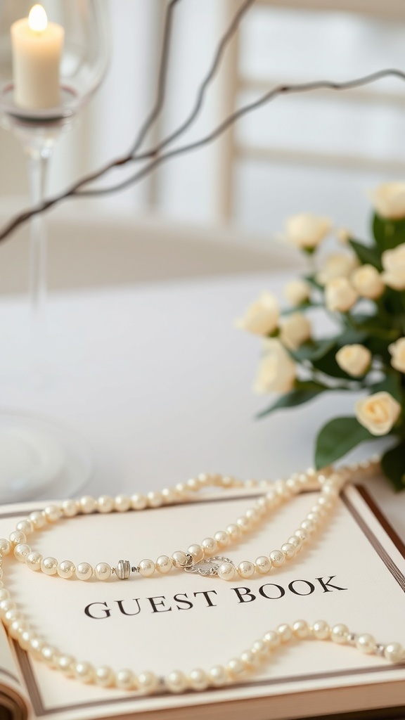 A guest book with pearl necklaces, a candle, and fresh flowers on a table.