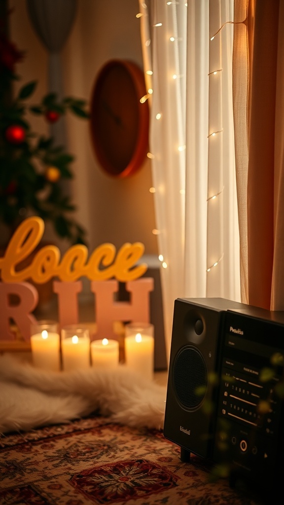 A beautifully decorated space for a bridal shower, featuring a speaker, candles, and warm lighting.