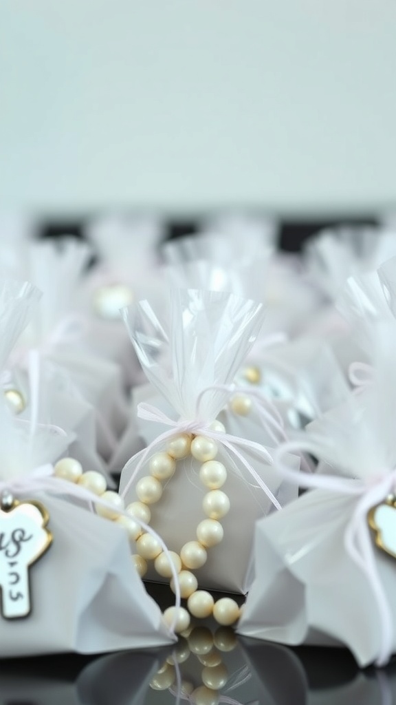 Elegant pearl-themed party favors in white bags with pearl bracelets.
