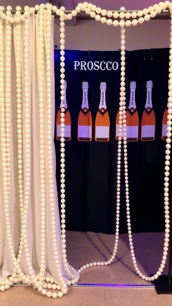 A stylish photo booth decorated with pearl strings and prosecco bottles in the background.