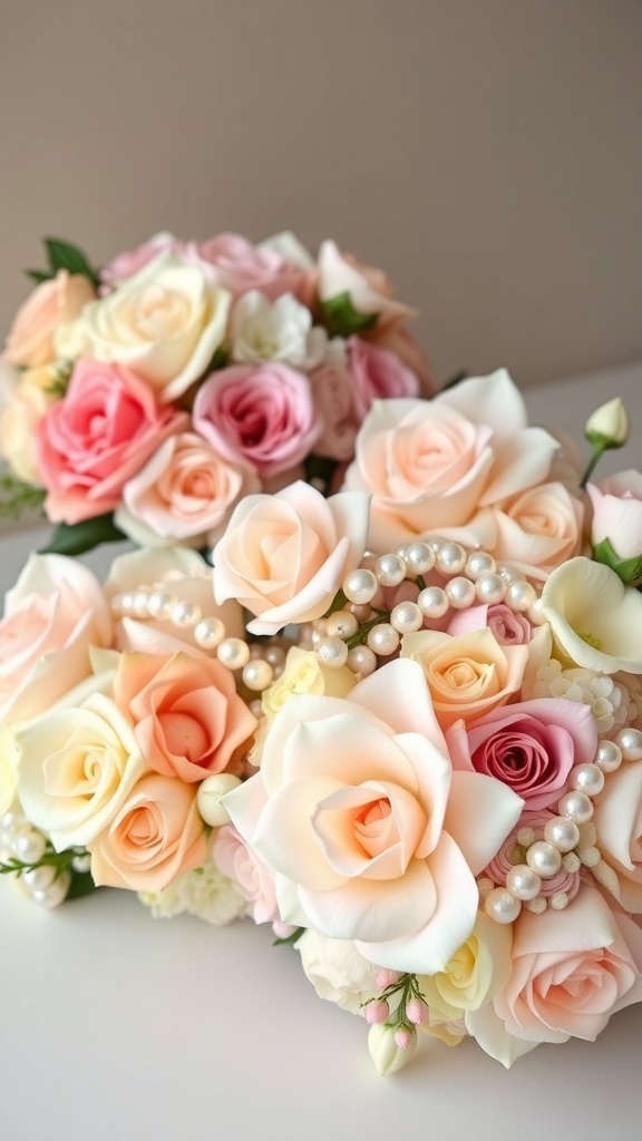A beautiful arrangement of pearl and floral bouquets featuring pastel roses and delicate pearls.