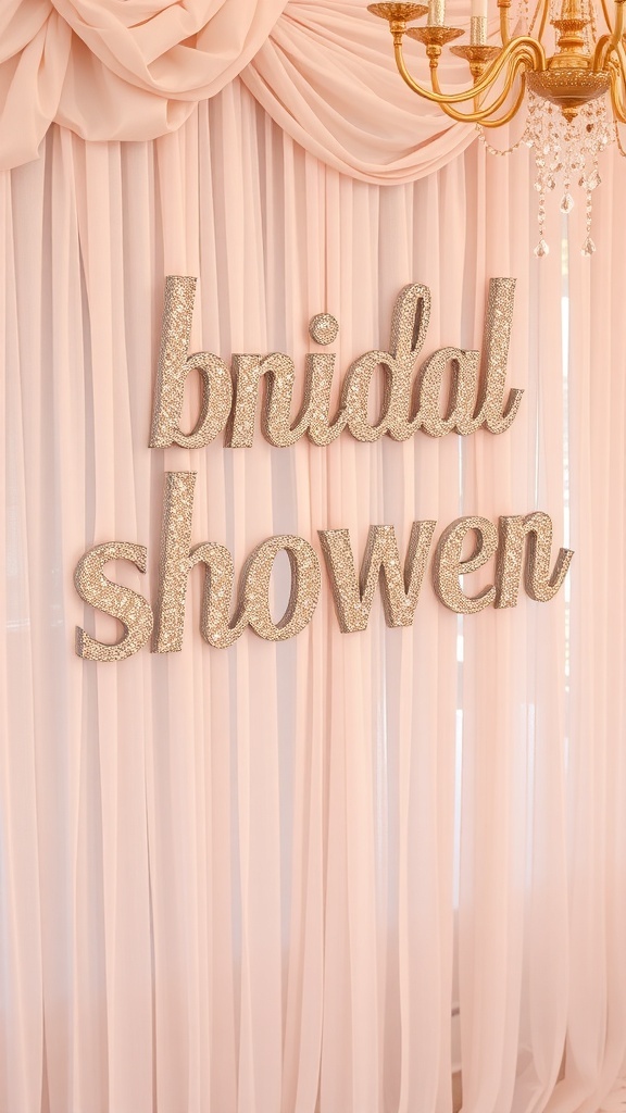 Backdrop of pink drapery with glittering letters saying bridal shower