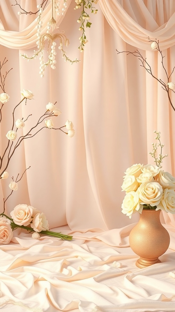 A bridal shower setup with a soft peach backdrop, gold accents, and elegant floral arrangements.