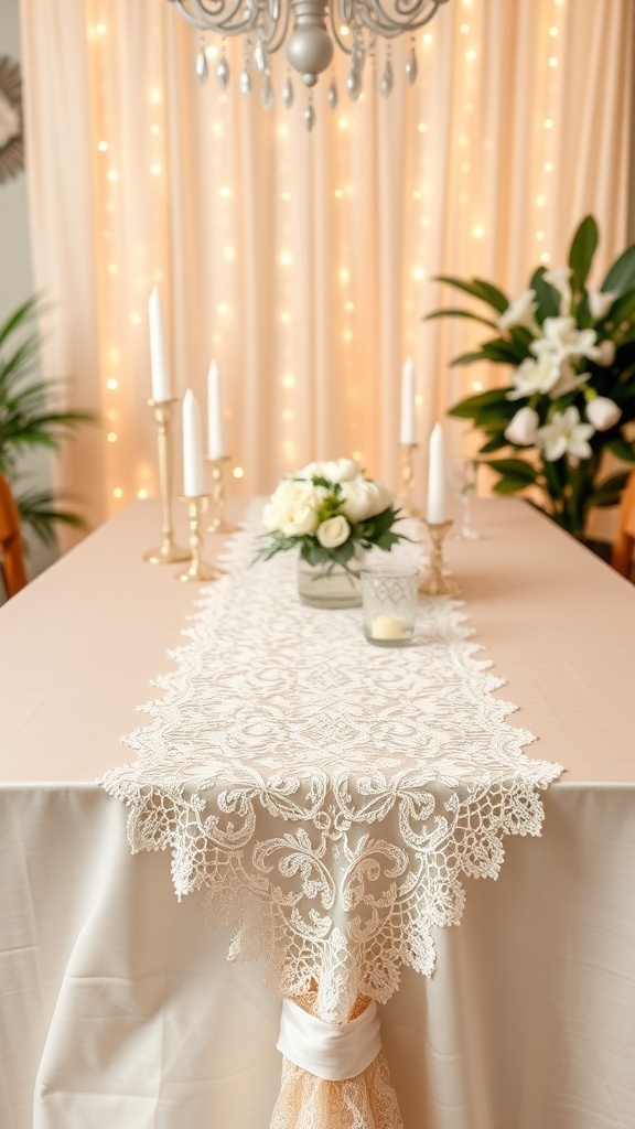 Elegant table set for a bridal shower featuring a lace runner, candles, and floral arrangements.