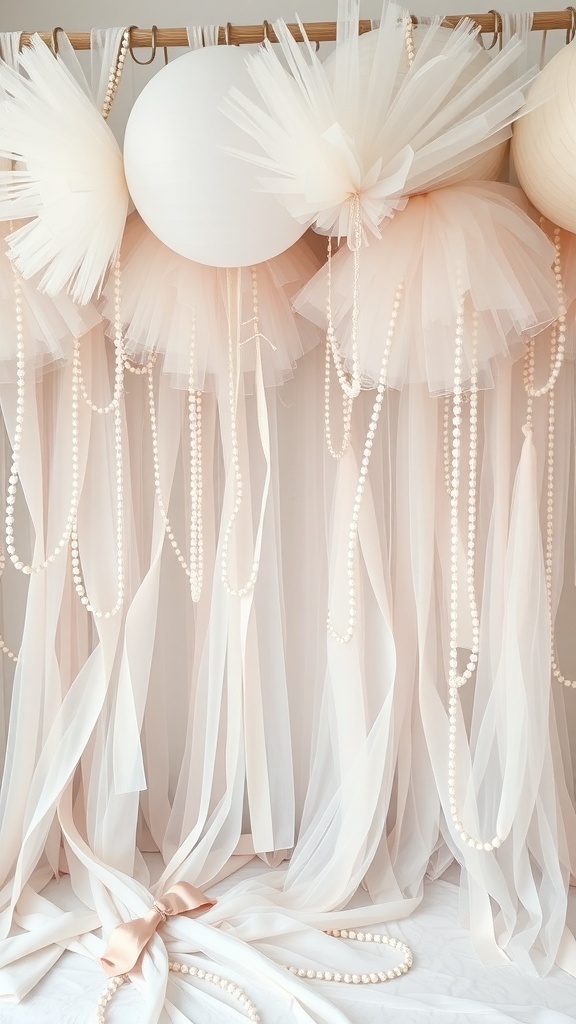 Elegant bridal shower decor featuring tulle and pearl accents