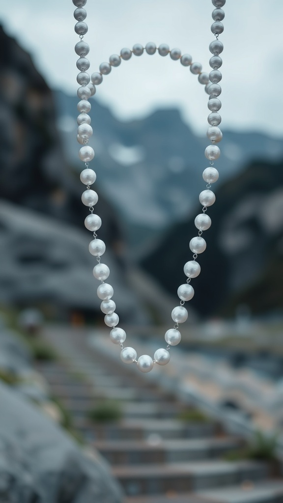 A beautiful pearl necklace hanging against a scenic backdrop.