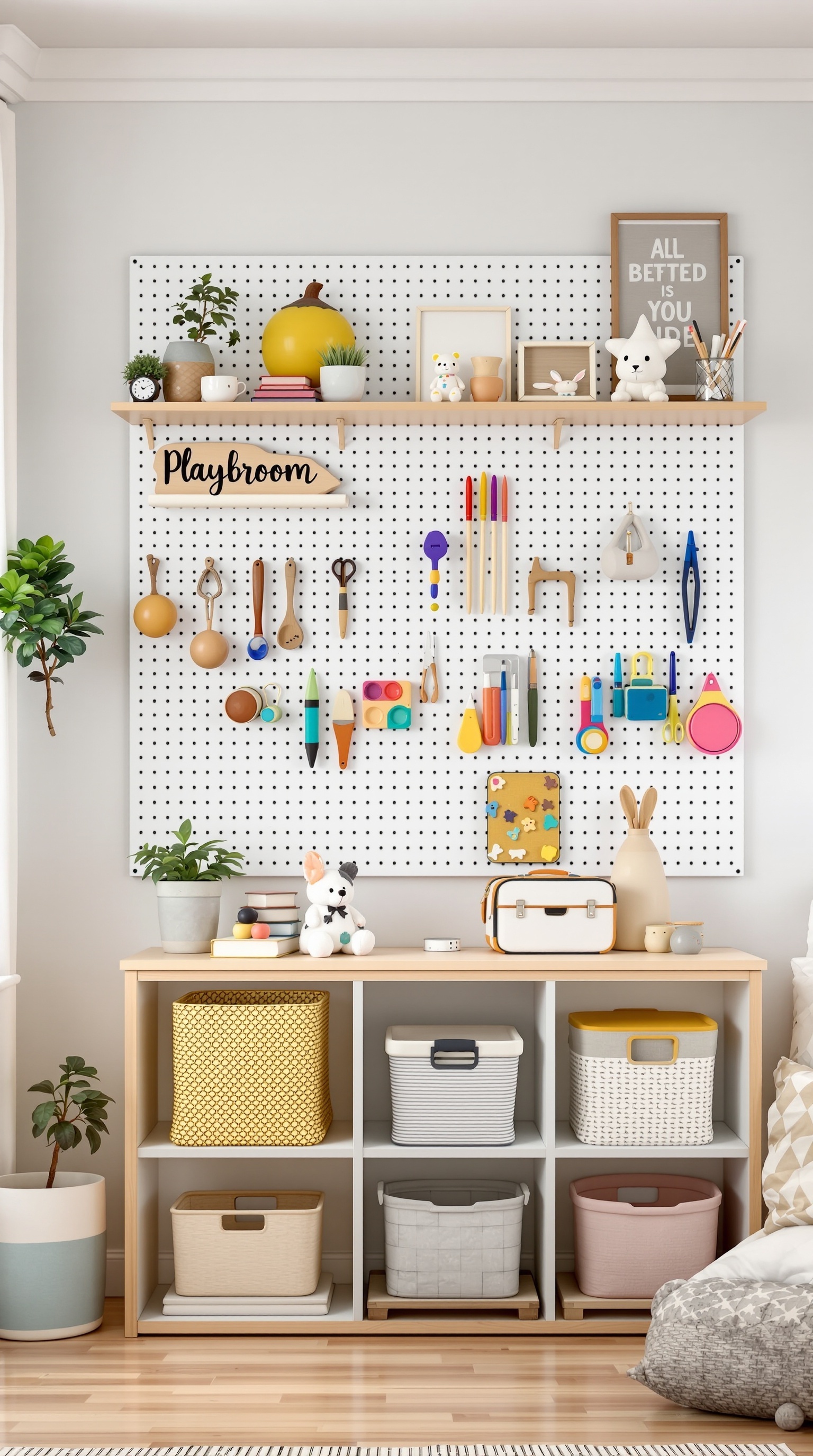 A colorful playroom with a pegboard for storage, featuring various toys and craft supplies organized neatly.
