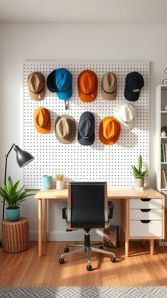 A pegboard displaying various hats in a stylish home office setting.