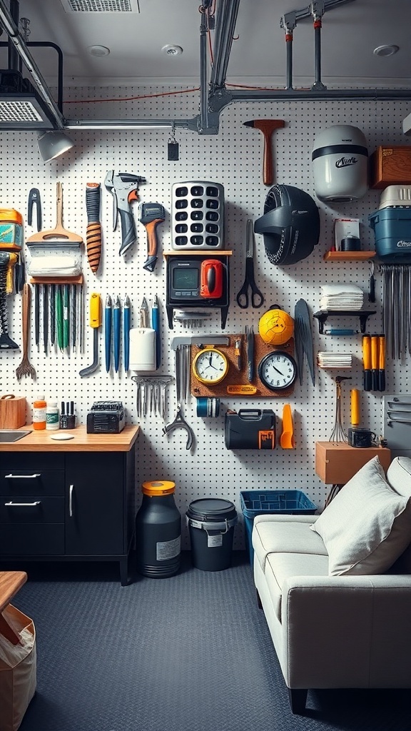 A well-organized pegboard wall with various tools and storage items.