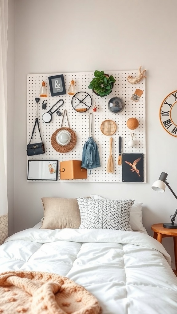 A pegboard in a small bedroom displaying various accessories and decorative items.